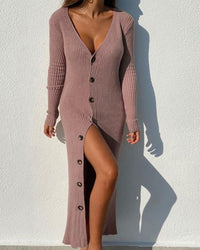 Seraphina | Women's V-Neck Button Detail Knit Dress in Pink