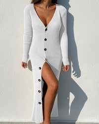 Seraphina | Women's V-Neck Button Detail Knit Dress in White
