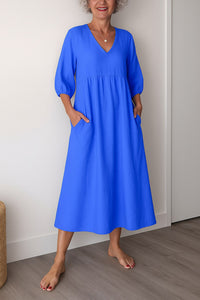 Seraphine | Women's V-Neck A-Line Midi Sundress in Blue