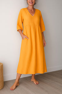 Seraphine | Women's V-Neck A-Line Midi Sundress in Orange