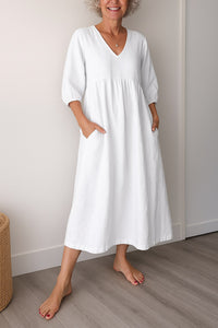 Seraphine | Women's V-Neck A-Line Midi Sundress in White