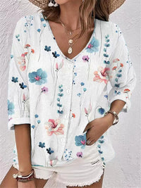 Sibyl | Women's Button Detail Floral Modern Blouse in Blue