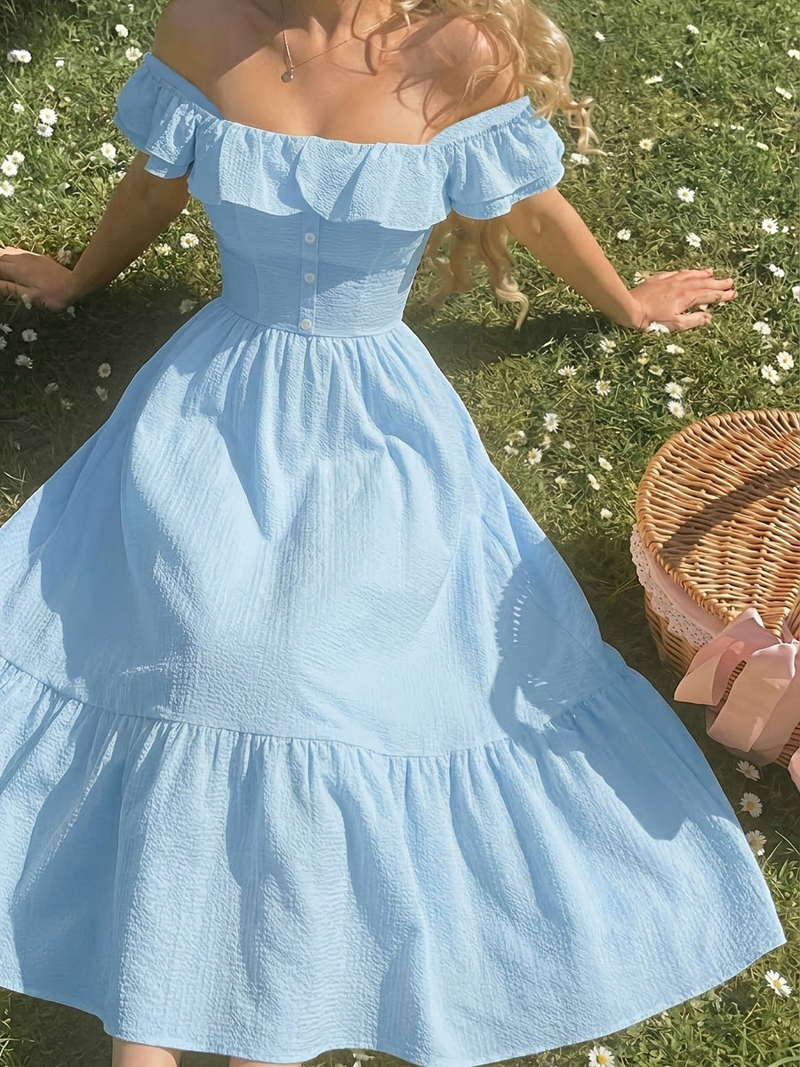Sibyl | Women's Off-Shoulder Ruffled Cocktail Maxi Dress in Light Blue