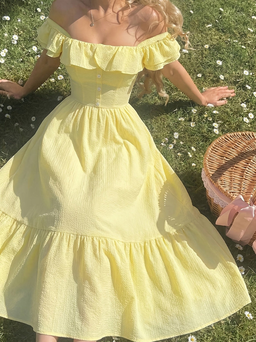 Sibyl | Women's Off-Shoulder Ruffled Cocktail Maxi Dress in Light Yellow