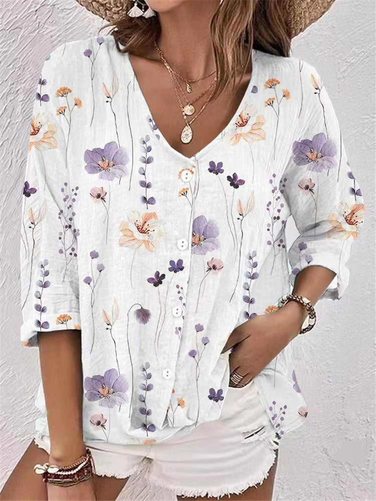 Sibyl | Women's Button Detail Floral Modern Blouse in Purple