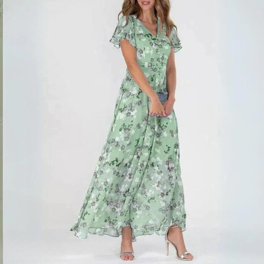 Sienna | Women's V-Neck Flutter Sleeve Cocktail Maxi Dress in Green