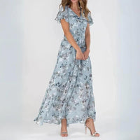 Sienna | Women's V-Neck Flutter Sleeve Cocktail Maxi Dress in Light Blue
