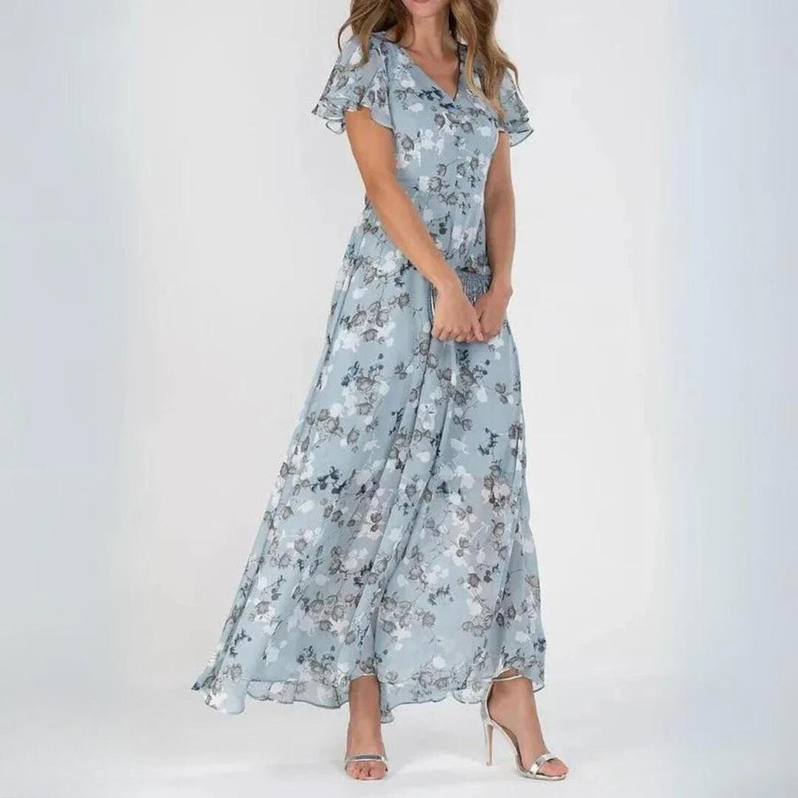 Sienna | Women's V-Neck Flutter Sleeve Cocktail Maxi Dress in Light Blue