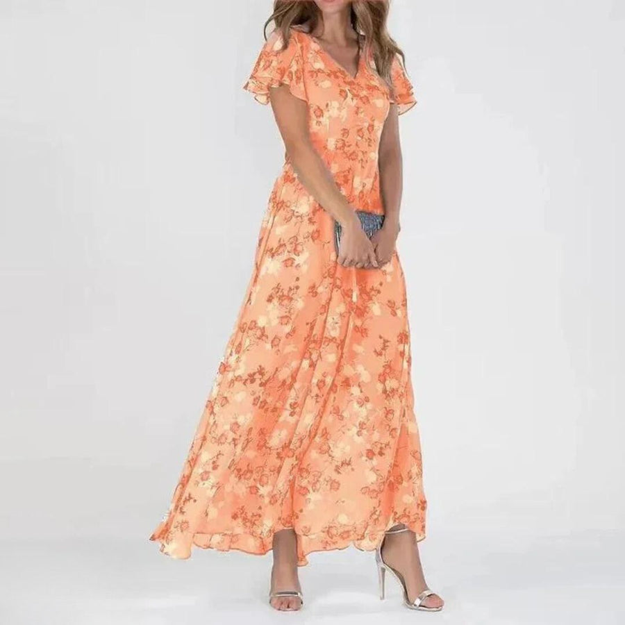 Sienna | Women's V-Neck Flutter Sleeve Cocktail Maxi Dress in Orange