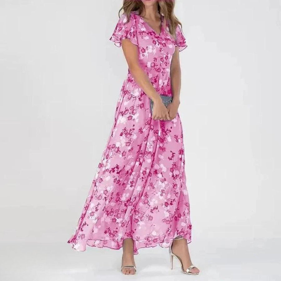 Sienna | Women's V-Neck Flutter Sleeve Cocktail Maxi Dress in Pink