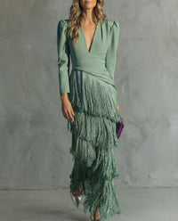 Sigrid | Women's V-Neck Fringe Cocktail Maxi Dress