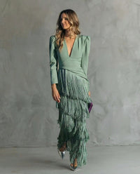 Sigrid | Women's V-Neck Fringe Cocktail Maxi Dress in Green