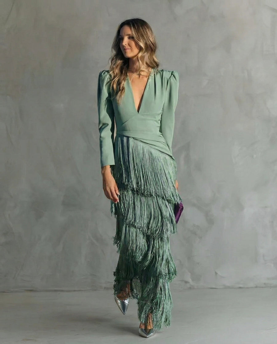 Sigrid | Women's V-Neck Fringe Cocktail Maxi Dress in Green