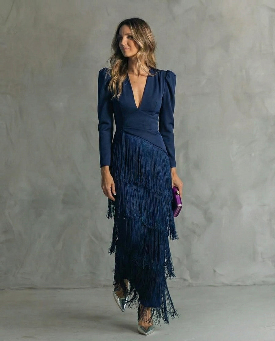 Sigrid | Women's V-Neck Fringe Cocktail Maxi Dress in Navy Blue