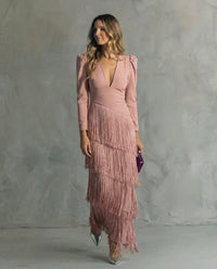 Sigrid | Women's V-Neck Fringe Cocktail Maxi Dress in Pink