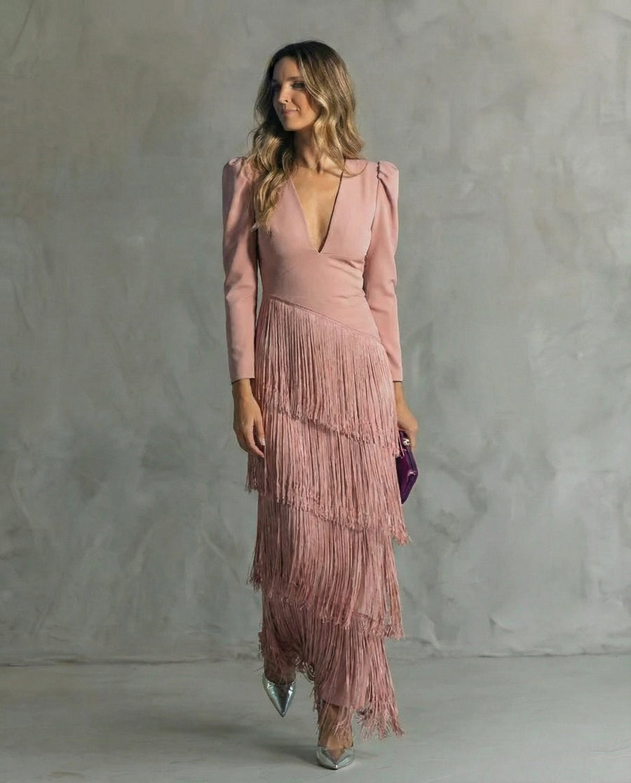 Sigrid | Women's V-Neck Fringe Cocktail Maxi Dress in Pink