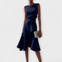 Simone | Women's Asymmetric Sleeveless Cocktail Midi Dress in Navy Blue