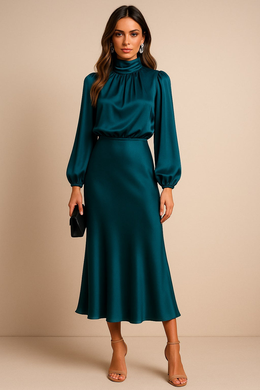 Siobhan | Women's High Neck Cocktail Midi Dress in Dark Green