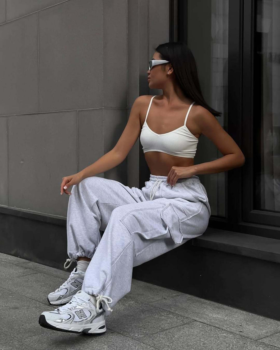 Siobhan | Women's Elastic Waist Pockets Pants – Dress Pants in Light Gray