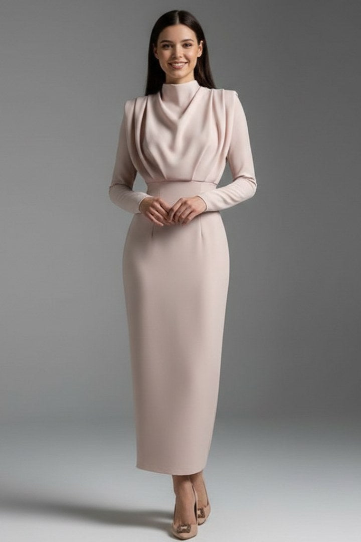 Solange | Women's Long Sleeve Cocktail Midi Dress in Apricot