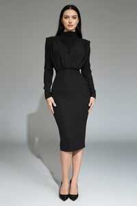 Solange | Women's Long Sleeve Cocktail Midi Dress in Black