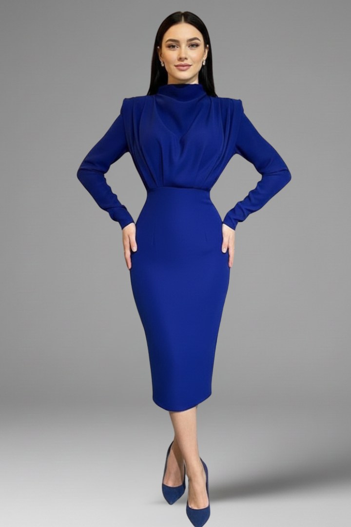 Solange | Women's Long Sleeve Cocktail Midi Dress in Blue