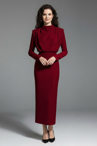 Solange | Women's Long Sleeve Cocktail Midi Dress in Burgundy