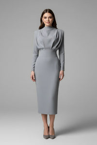 Solange | Women's Long Sleeve Cocktail Midi Dress in Gray