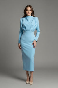 Solange | Women's Long Sleeve Cocktail Midi Dress in Light Blue