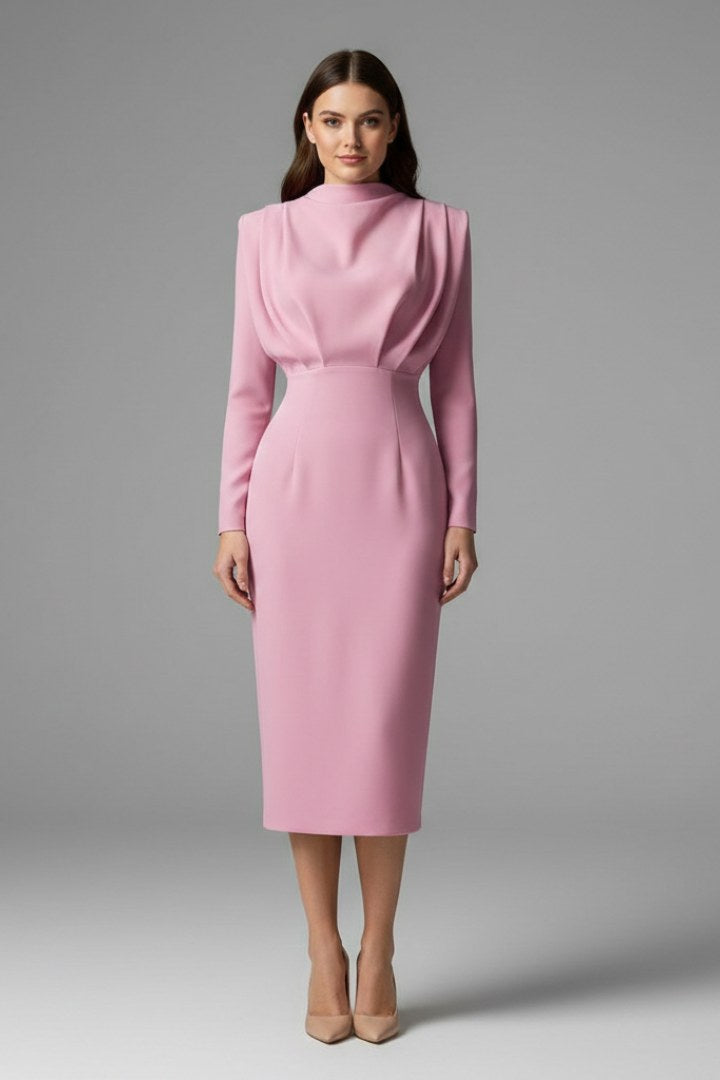 Solange | Women's Long Sleeve Cocktail Midi Dress in Pink