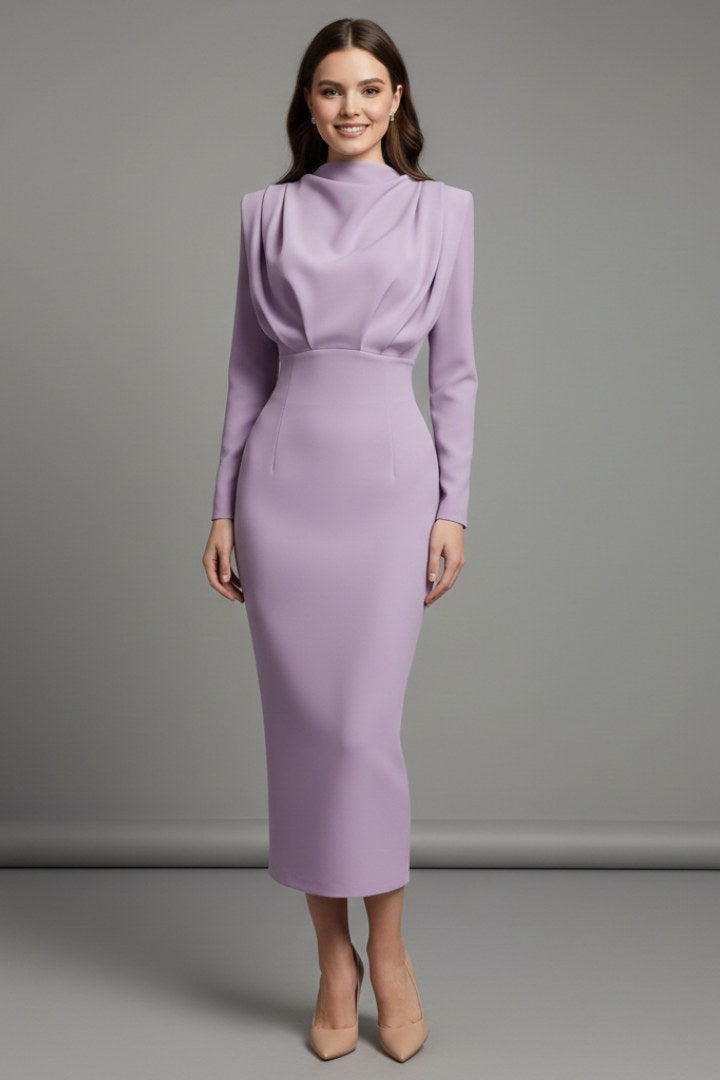 Solange | Women's Long Sleeve Cocktail Midi Dress in Purple