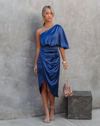 Soledad | Women's Side Slit Cocktail Midi Dress in Blue