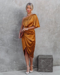 Soledad | Women's Side Slit Cocktail Midi Dress in Orange