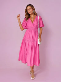 Solveig | Women's Smocked V-Neck Cocktail Midi Dress