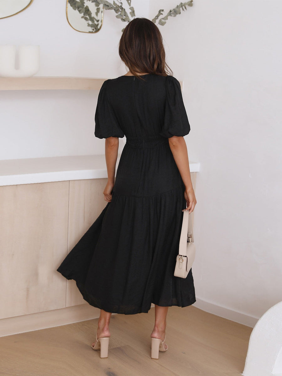 Solveig | Women's Smocked V-Neck Cocktail Midi Dress
