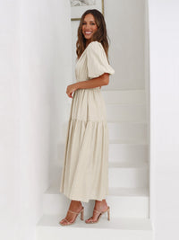 Solveig | Women's Smocked V-Neck Cocktail Midi Dress