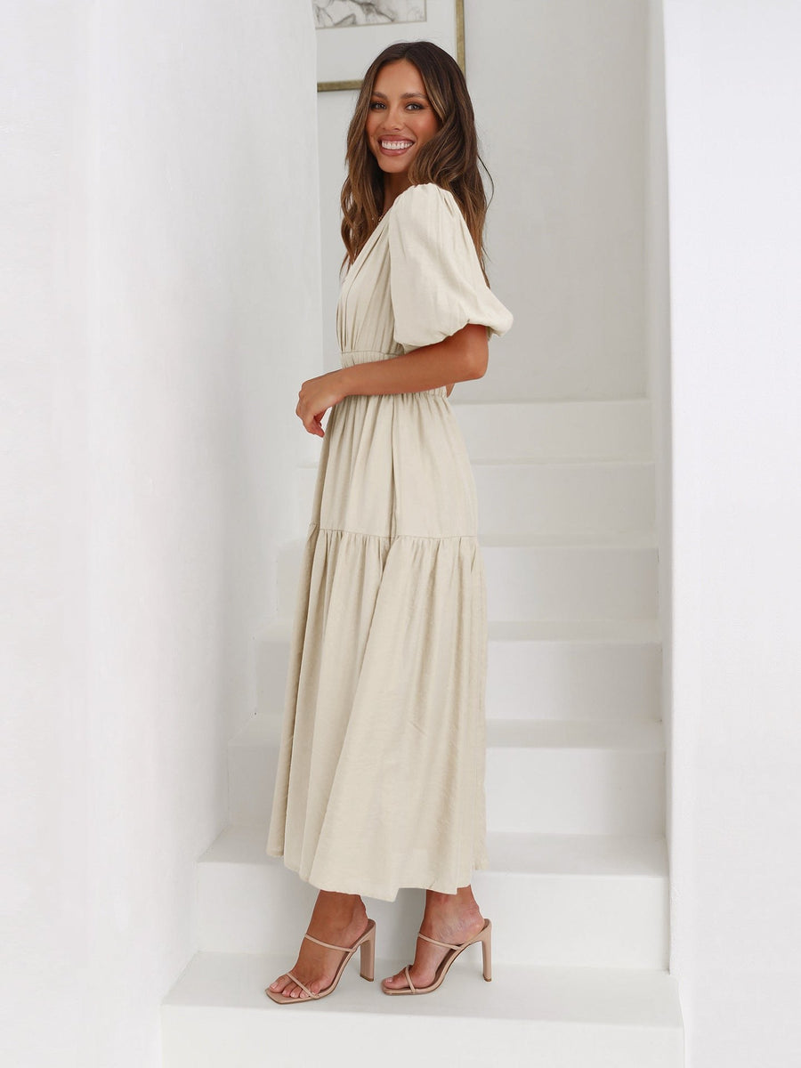 Solveig | Women's Smocked V-Neck Cocktail Midi Dress