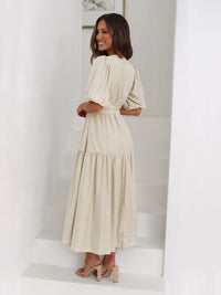 Solveig | Women's Smocked V-Neck Cocktail Midi Dress