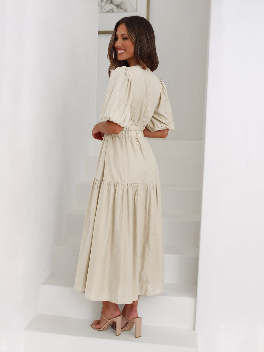 Solveig | Women's Smocked V-Neck Cocktail Midi Dress