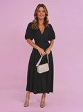 Solveig | Women's Smocked V-Neck Cocktail Midi Dress