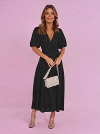 Solveig | Women's Smocked V-Neck Cocktail Midi Dress
