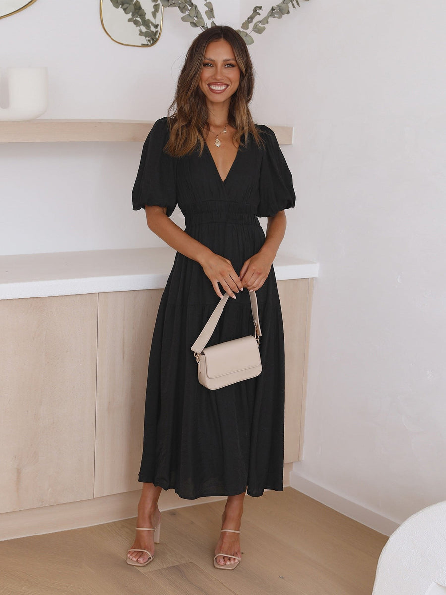 Solveig | Women's Smocked V-Neck Cocktail Midi Dress in Black