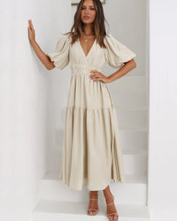 Solveig | Women's Smocked V-Neck Cocktail Midi Dress in Cream