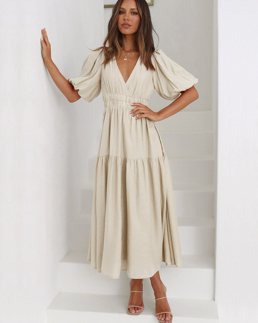 Solveig | Women's Smocked V-Neck Cocktail Midi Dress in Cream