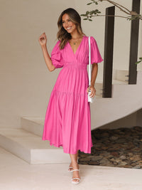 Solveig | Women's Smocked V-Neck Cocktail Midi Dress in Pink