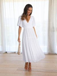 Solveig | Women's Smocked V-Neck Cocktail Midi Dress in White