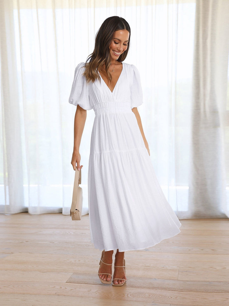 Solveig | Women's Smocked V-Neck Cocktail Midi Dress in White