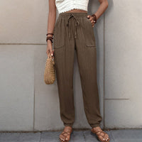 Sonia | Women's Drawstring Pockets Harem Pants – Dress Pants in Chestnut Brown