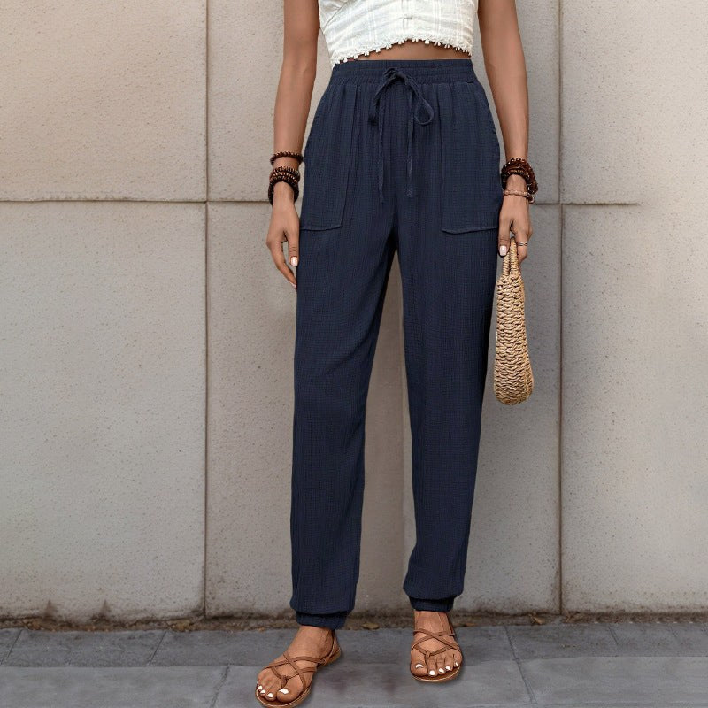Sonia | Women's Drawstring Pockets Harem Pants – Dress Pants in Dark Blue