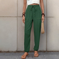 Sonia | Women's Drawstring Pockets Harem Pants – Dress Pants in Pine Green